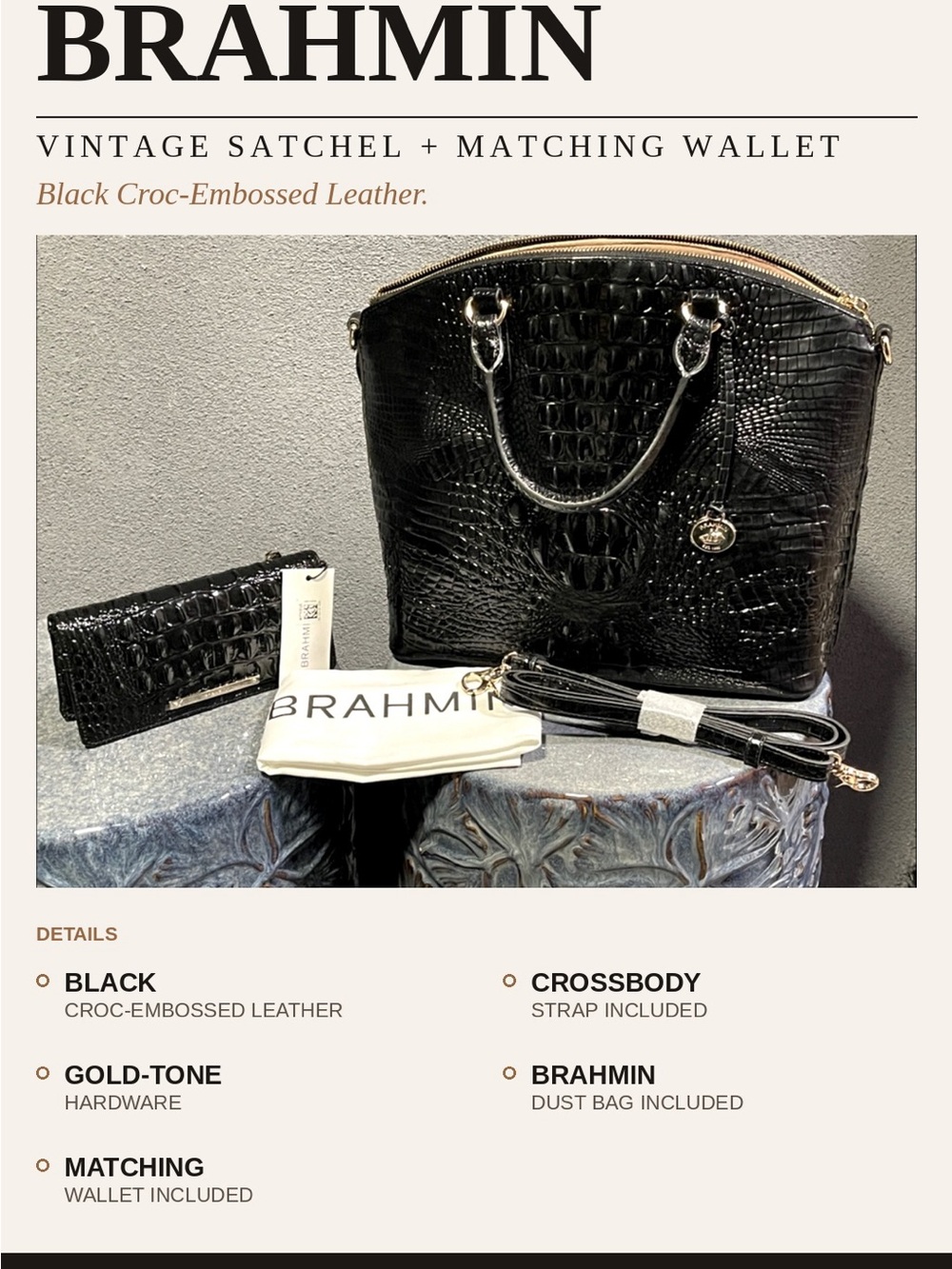 NEW Vintage Brahmin Satchel with Gold Hardware + Brahmin matching wallet